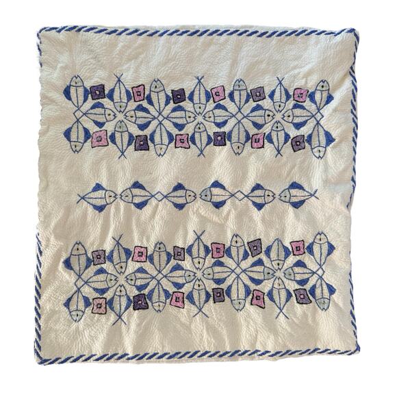 Vintage Cross Stitch Embroidered Fish Pillow Case Square 15X15" Handmade Beach - Picture 1 of 8